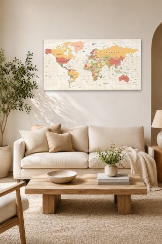 Tam Renk Dünya Haritası World Map Dekoratif Kanvas Duvar Tablosu Çok Renkli