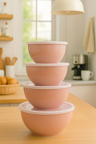 4 Lü Yuvarlak Kase Seti Pembe 1l, 1.5l, 2.3l, 3.3l Kapaklı Çok Amaçlı Mutfak Saklama Kabı Pembe