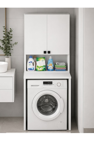 Susa Çamaşır Makinesi Üst Dolabı Çok Amaçlı Banyo Ve Çamaşır Odası Düzenleyici Raflı Kapaklı Depolama Dolabı Beyaz