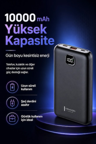 Cep Telefonu Uyumlu 10000 Mah Dijital Göstergeli Hızlı Şarj Powerbank Çok Renkli
