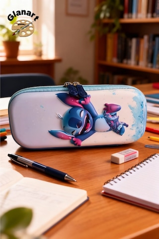 Stitch Kabartmalı İçi Fileli Kalem Kutusu Kalemlik 1 Adet Buz Mavi Açık Mavi