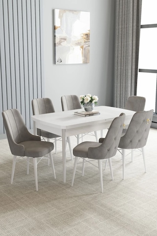 Zümra Serisi, Beyaz 80x132 Açılabilir Mdf Mutfak Masası Takımı 6 Adet Sandalye, Gri