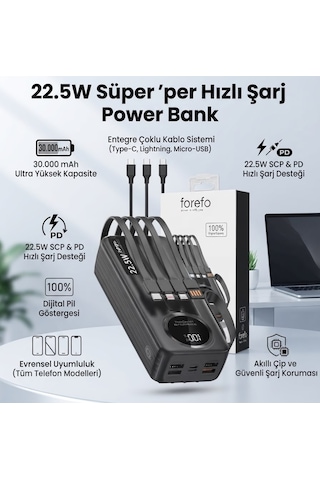 30.000 Mah 22.5w Hızlı Şarj Powerbank Taşınabilir Şarj Cihazı Dijital Göstergeli Dahili Çoklu Kablolu Powerbank Siyah