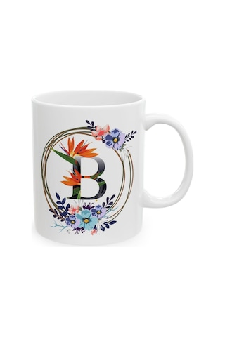 B Harf Baskılı Hediyelik Baskılı Porselen Beyaz Lüks Kupa Bardak Beyaz