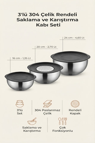 Makri Home 3'lü 304 Çelik 9 Parça Rendeli Saklama Ve Karıştırma Kabı Seti