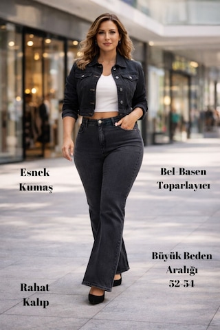 Cedy Denim Cedy Denım - Kadın Büyük Beden İspanyol Paça Yüksek Bel Skinny Fit Likralı Pantolon C628 Gri