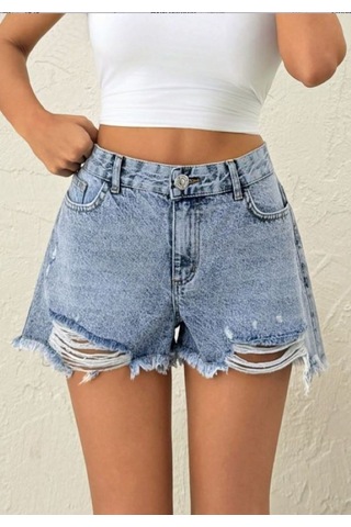 Kene Jeans İşlemli Taş Yıkama Paça Yırtık Detaylı Kısa/mini Kot Şort Taş Yıkama