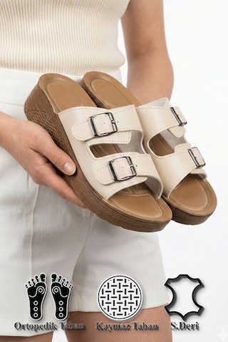 N Moda Kadın Ultra Yumuşak Soft Taban Dolgu Topuk Ortopedik İçi Pedli Günlük Anne Terliği 2 Toka Krem