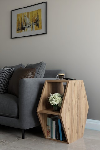 Alpa Ev Mobilya Altıgen Tasarım Yan Sehpa, Modern Koltuk Yanı Ve Dekoratif Kitaplık, Salon Sehpası Beyaz Atlantik Çam