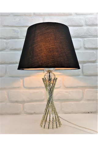 Gümüş Kaplama Burgu Metal Ayaklı Kristal Cam Toplu Siyah Abajur Gümüş