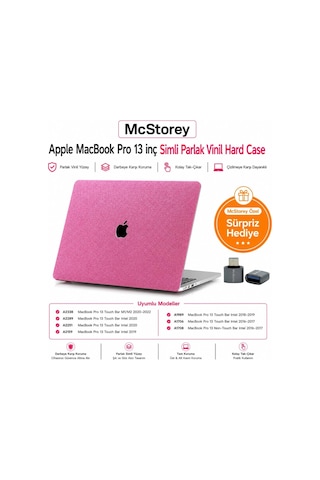 Macbook Pro 13 İnç M1 M2 Uyumlu Sert Kapak Kılıf Simli Parlak Pembe Yüzey Alt + Üst Kapak 360 Çizilmeye Dayanıklı Açık Pembe