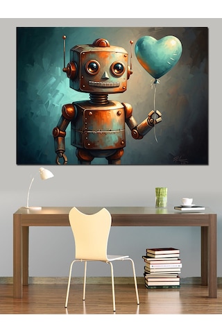 Ahşap Tablo Kalp Tutan Küçük Paslı Robot
