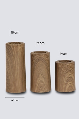 3 Lü Ahşap Kaplama Yüzey Mumluk Dekoratif Tealight Set Mum Abs P