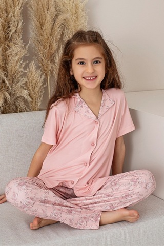 Anne Kız Kombin Çiçekli Kısa Kollu Gömlek Pijama Takımı Anne Kız Ayrı Satılır Pembe