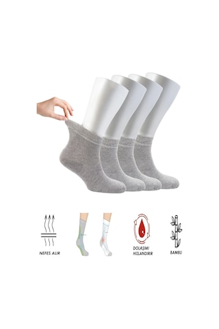 Ozzy Socks Kadın 4 Çift Bambu Lastiksiz Sıkmayan Diabetik Bilek Çorap Gri