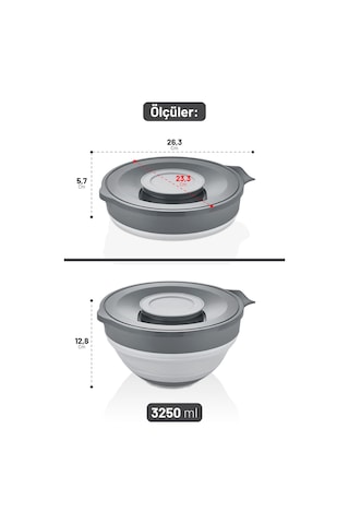 İronika Katlanır Akordiyon Sıçramayı Önleyici Kapaklı Mikser Karıştırma Kabı 3250 Ml Gri
