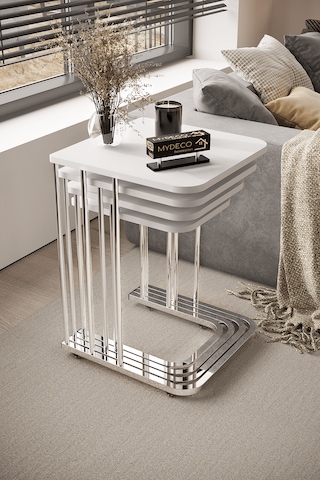 4'lü Tekerlekli Zigon Sehpa Gümüş Ayak Beyaz 18mm Mdf