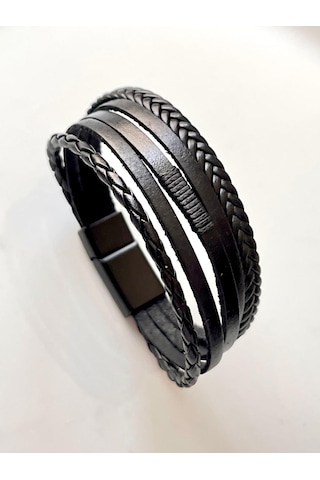 Hakiki Deri 5li Siyah Erkek Bileklik 21 Cm Türk El Üretimi Siyah