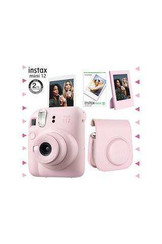 Fujifilm Instax Mini 12 Fotoğraf Makinesi + 10'lu Film + Çerçeve + Deri Kılıf Seti Pembe