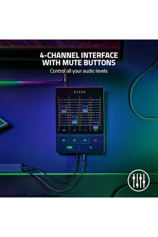 Razer Audio Mixer - Xlr, 3,5 Mm Ve Optik Girişe Sahip Usb Ses Arabirimi - Sessiz Düğmeli 4 Kanallı Arabirim - Tak Ve Çalıştır Siyah