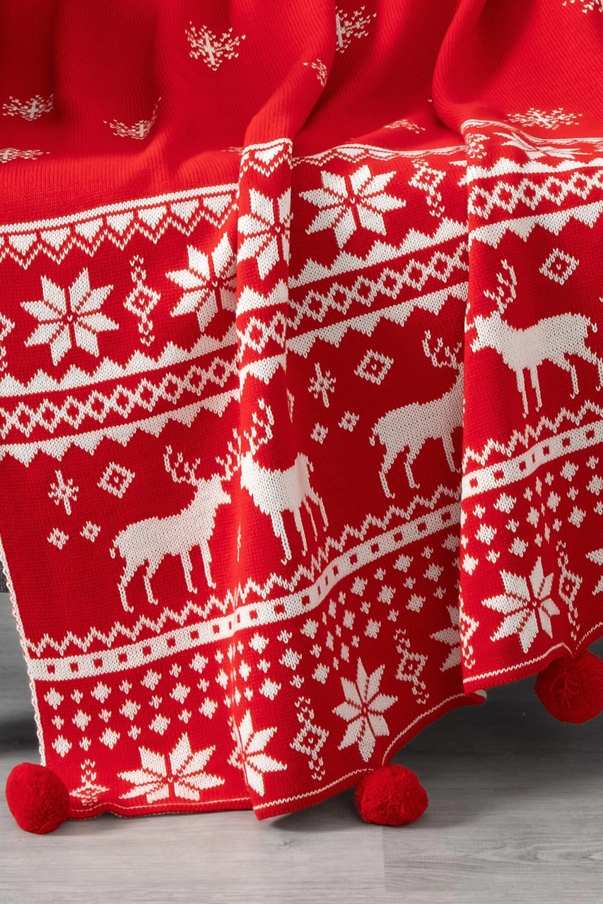Kar Tanesi Detaylı Ponponlu Triko Örme Tv Battaniyesi Yılbaşı Hediyesi-130x170 Cm-kırmızı Kırmızı Kırmızı