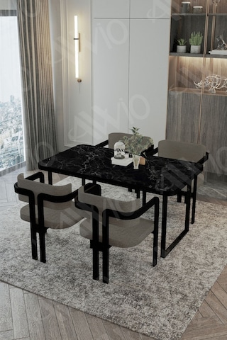 Avvio Roxy Metal Ayak Tokyo Demonte Sandalye 80x120 Yemek Masası Mutfak Masası 4 Kişilik Siyah Mermer