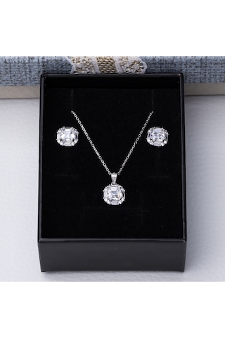 6 Mm Kare Zirkon Taşlı 925 Ayar Gümüş Kadın 2'li Set Gümüş