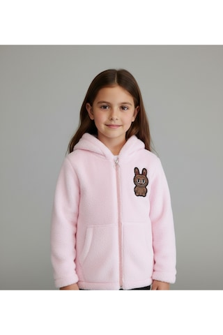 Labubu Nakışlı Pelüş Kapüşonlu Kız Çocuk Hırka Pembe