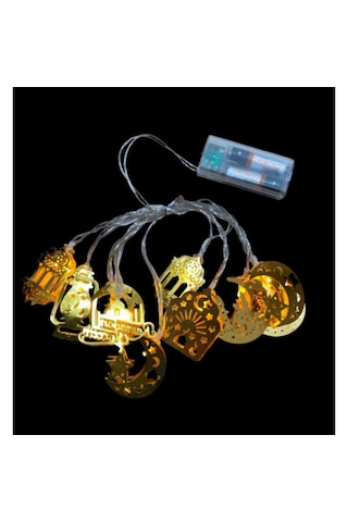 Ramazan Temalı Karışık Figürlü 2 Metre Pilli Gold Metal Dekoratif Led Işık Açık Sarı