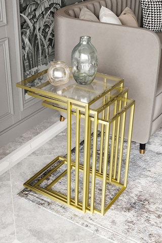 Dekoport Mira 3lü Zigon Sehpa C Sehpa - Yan Sehpa Gold Şeffaf Cam Gold Şeffaf