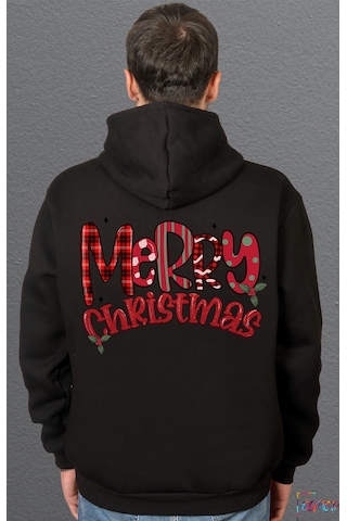 Bumeta Klasik Yılbaşı Merry Christmas Baskılı Sweatshirt Unisex Kapüşonlu Hoodie Siyah