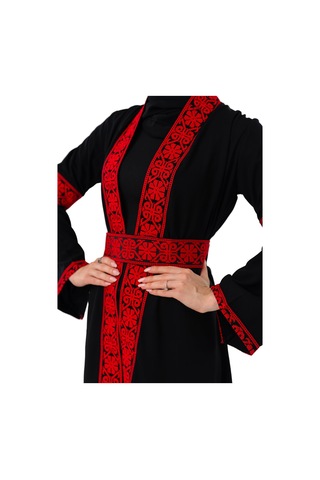 Zaytoon Filistin Kırmızı Nakışlı Siyah Filistin Kısa Kaban Abaya C100053 Kırmızı-siyah
