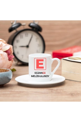 Eczacıya Hediye E Amblemli İsme Özel Kahve Fincanı Tekli Beyaz