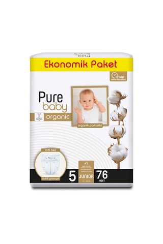 Pure Baby Organik Pamuklu Cırtlı Bez Ekonomik Paket 5 Numara Junior 76 Adet