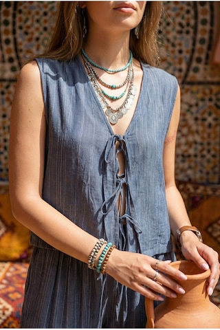 Fashion Cocktail 3 Bağlamalı Fiyonklu Çizgi Dokulu Relax Viskon Nefes Alan İnce Yazlık Tatil Yelek Pantolon Takım Mavi