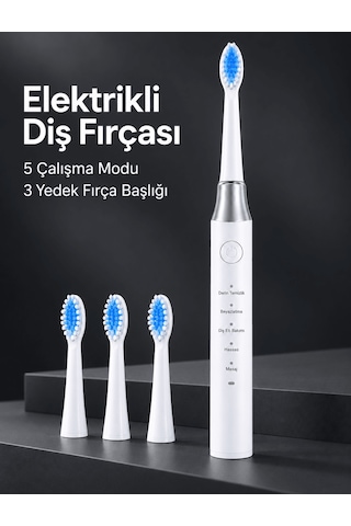 5 Çalışma Modlu Beyaz Elektrikli Diş Fırçası 3 Yedek Başlık Hediy