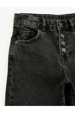 Koton Pamuklu Düğme Detaylı Beli Ayarlanabilir Lastikli Geniş Paça Denim Pantolon Siyah 7wkg40002ad