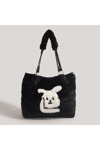 Charhp&kejnt Sonbahar Ve Kış Peluş Çanta Tasarımı Elde Taşınabilen Tüylü Tavşan Tote Çanta Siyah