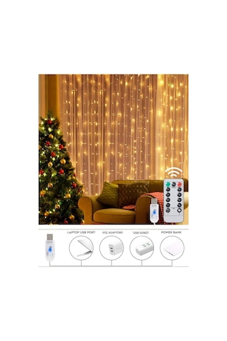 Trendpoint Peri Telli Perde Led Işık Kumandalı 300 Ledli 3 x 3 metre Usb'li 8 Animasyonlu Günışığı