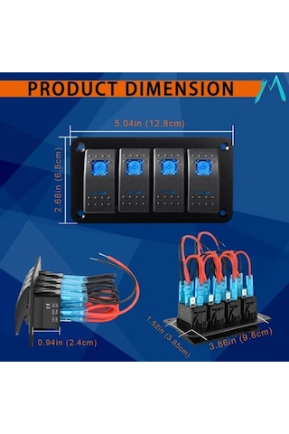 Xuweiwei Movglow Absler 4lü Paket Alüminyum Anahtar Panosu Mavi Led Işık 12v 24v Tekne Araba Karavan Kamyon