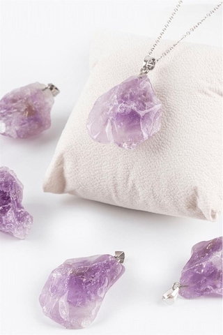 Sertifikalı Ham Işlenmemiş Ametist Taşı Kolye Gümüş Aparatlı Çok Renkli