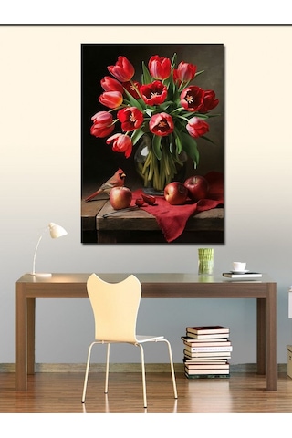Kanvas Tablo Kırmızı Kuş Ve Çiçekler 50cmx70cm
