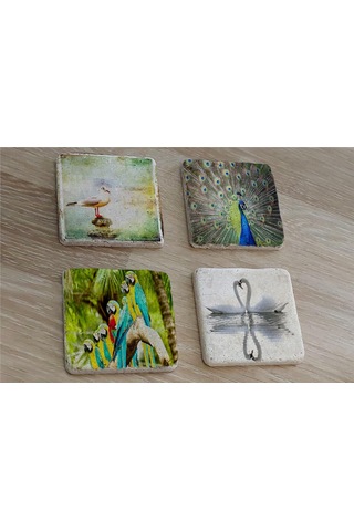 Martı Tavuskuşu Papağanlar Kuğular Doğal Taş Bardak Altlığı 4'lü Set - Natural Stone Coasters - Taş Çok Renkli