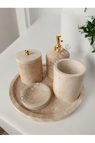 Sarı Traverten Klasik Model 5 Parça Gold Renk Düğme Aksesuarlı Banyo Seti Sarı Traverten