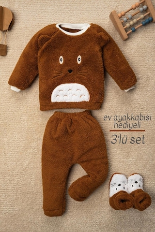 Mai Perla Totoro Nakışlı Welsoft Peluş 3'lü Bebek Takım Kahverengi