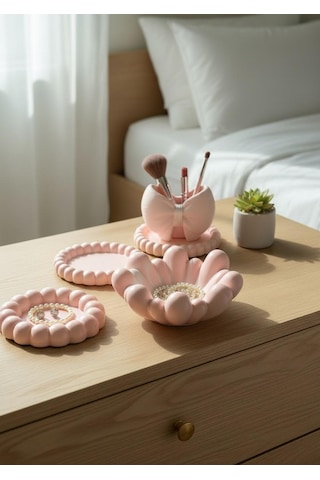 Dekoratif Pembe 4 Lü Set Takı Tab Ağı,fırçalık Organizer 4 Adet
