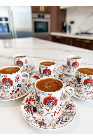 Kapris 6 Kişilik 12 Parça Kahve Fincan Takımı Yx-241105 Beyaz - Kırmızı