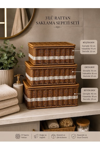 3'lü Kapaklı Hasır Rattan Organizer Beyaz Çizgili Sepet Fth-905 Sarı