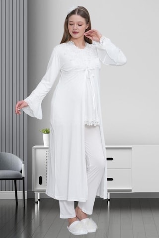 Mecit Pijama Mecit 1517 Bayan Hamile Lohusa Ekru Sabahlıklı Pijama Takımı