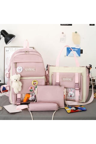 Mufunye Klasik Kumaş Çanta Seti Sırt Çantası + El Çantası + Clutch + Kalem Kutusu - Pembe Renkli Yumuşak Dokuma, Geniş Kapasite, Sevimli Ayı Figürü İle Dekore Çok Renkli